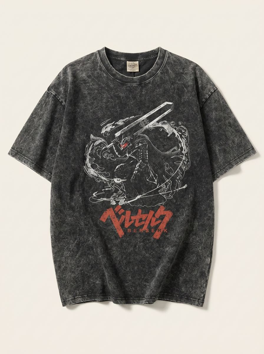 Berserk Vintage Wash Oversized Graphic T-Shirt (One Piece) angle perspective shot — washed cotton t-shirt | Tempus Arc premium anime streetwear
