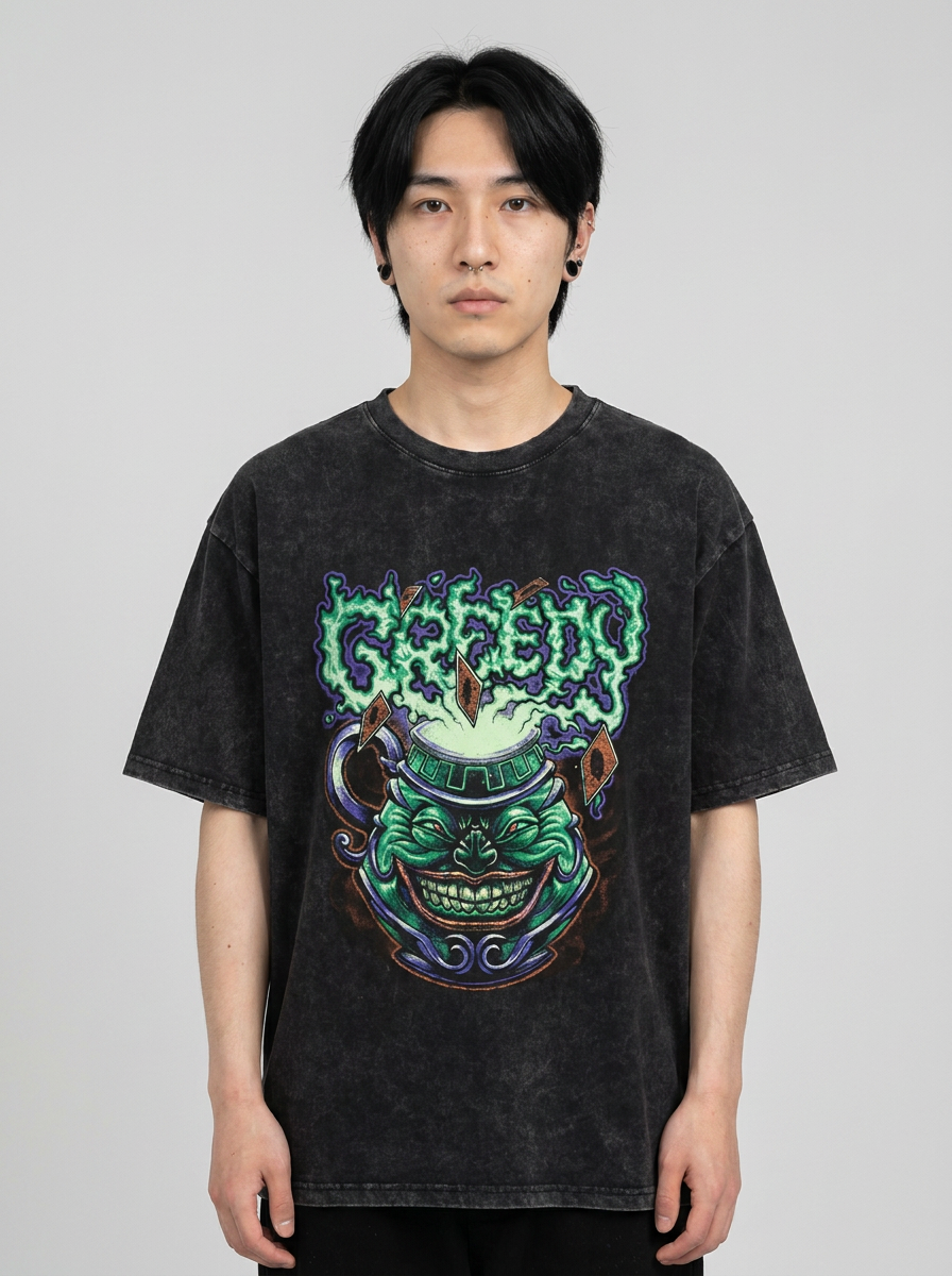 Change Of Heart Anime T-shirt Yugi Muto & Kaiba Tops on male model — washed black t-shirt front view | Tempus Arc premium anime streetwear