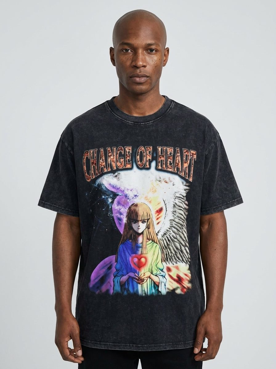 Change Of Heart Anime T-shirt Yugi Muto & Kaiba Tops on male model — washed black t-shirt front view | Tempus Arc premium anime streetwear