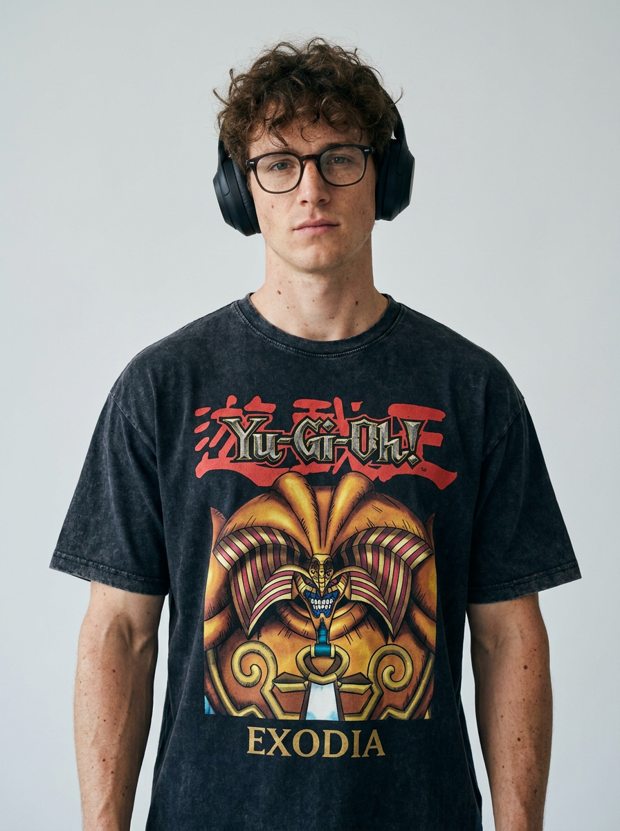 Change Of Heart Anime T-shirt Yugi Muto & Kaiba Tops on male model — washed black t-shirt front view | Tempus Arc premium anime streetwear