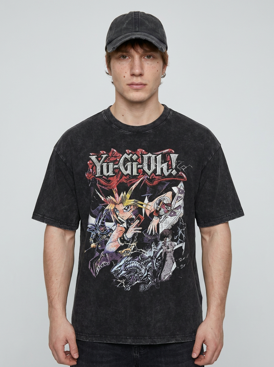 Change Of Heart Anime T-shirt Yugi Muto & Kaiba Tops on male model — washed black t-shirt front view | Tempus Arc premium anime streetwear