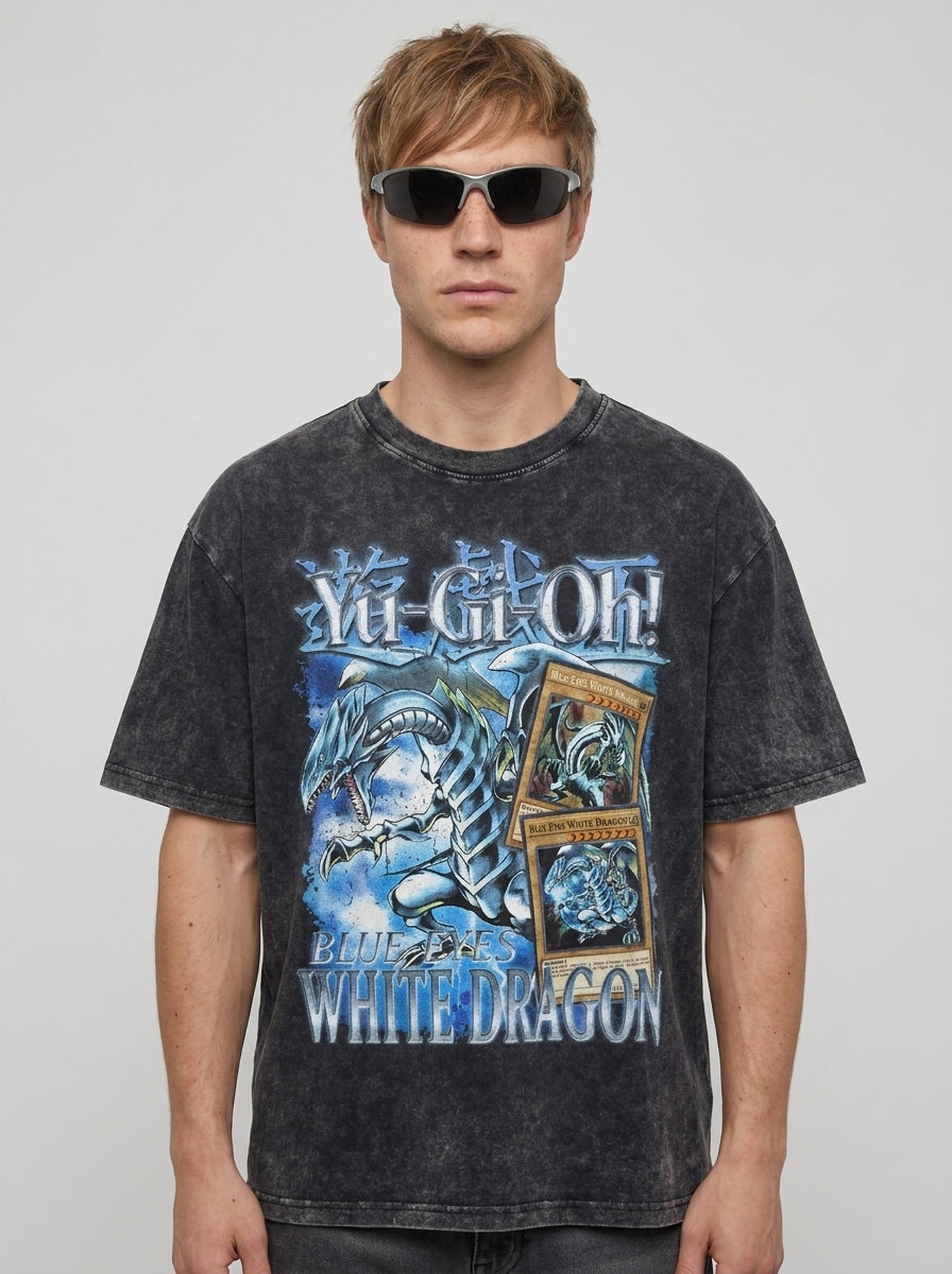 Change Of Heart Anime T-shirt Yugi Muto & Kaiba Tops on male model — washed black t-shirt front view | Tempus Arc premium anime streetwear