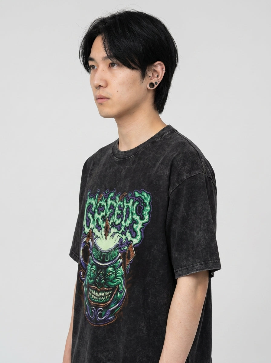 Change Of Heart Anime T-shirt Yugi Muto & Kaiba Tops side view on model — oversized washed cotton t-shirt | Tempus Arc premium anime streetwear