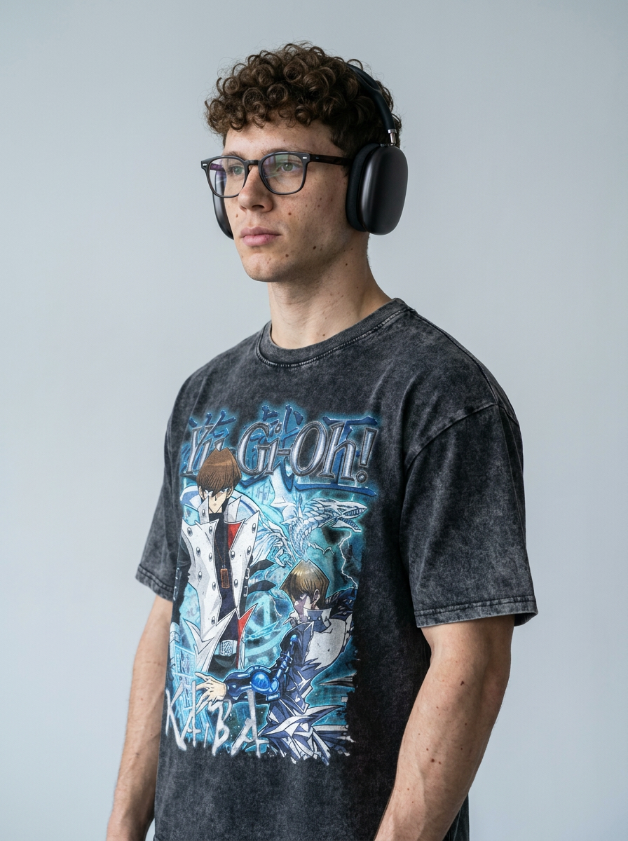 Change Of Heart Anime T-shirt Yugi Muto & Kaiba Tops side view on model — oversized washed cotton t-shirt | Tempus Arc premium anime streetwear