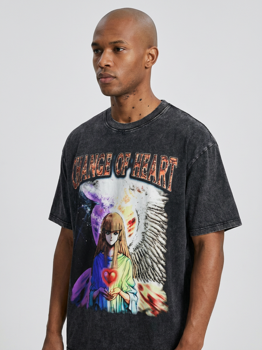 Change Of Heart Anime T-shirt Yugi Muto & Kaiba Tops side view on model — oversized washed cotton t-shirt | Tempus Arc premium anime streetwear