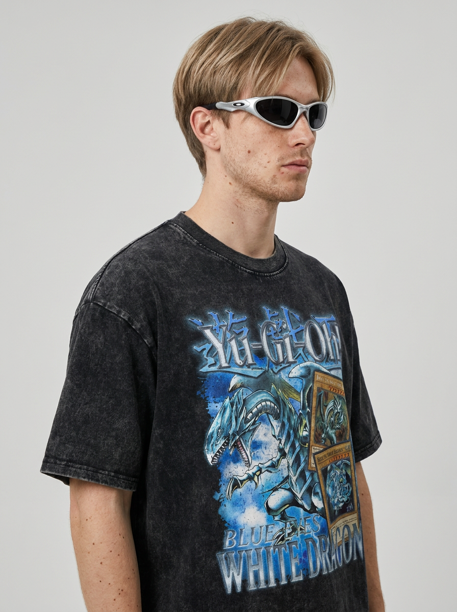 Change Of Heart Anime T-shirt Yugi Muto & Kaiba Tops side view on model — oversized washed cotton t-shirt | Tempus Arc premium anime streetwear