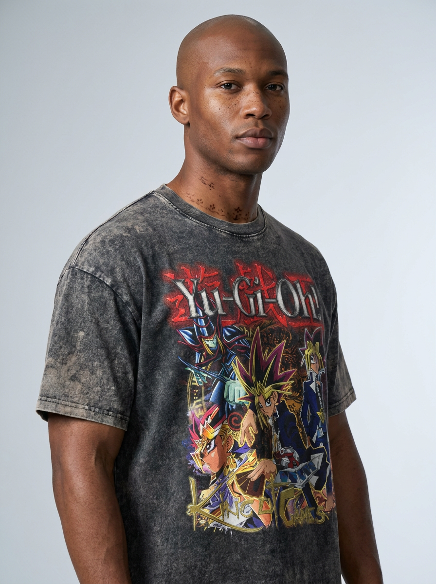 Change Of Heart Anime T-shirt Yugi Muto & Kaiba Tops side view on model — oversized washed cotton t-shirt | Tempus Arc premium anime streetwear