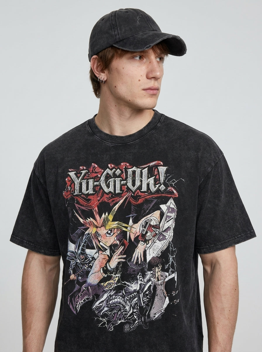 Change Of Heart Anime T-shirt Yugi Muto & Kaiba Tops side view on model — oversized washed cotton t-shirt | Tempus Arc premium anime streetwear