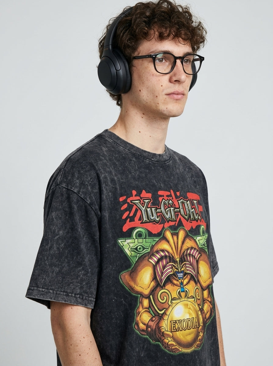 Change Of Heart Anime T-shirt Yugi Muto & Kaiba Tops side view on model — oversized washed cotton t-shirt | Tempus Arc premium anime streetwear