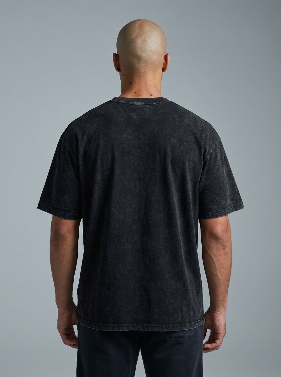 Back view of washed black oversized t-shirt | Tempus Arc premium anime streetwear