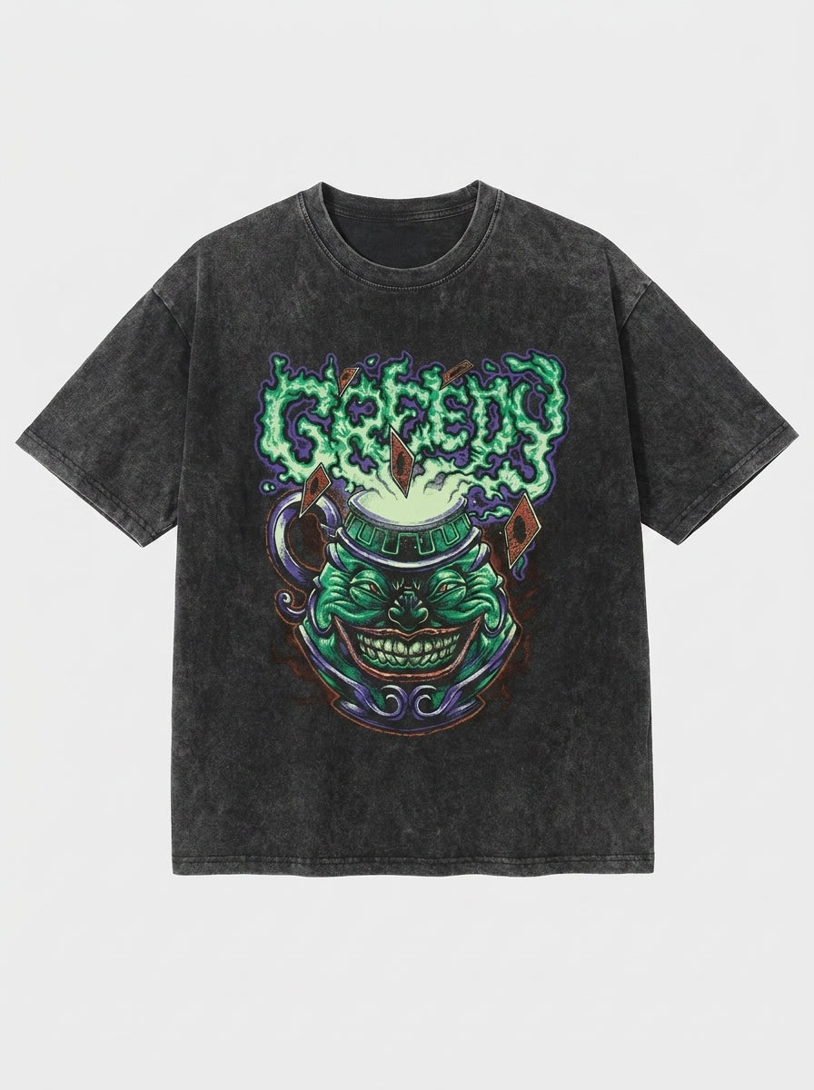 Change Of Heart Anime T-shirt Yugi Muto & Kaiba Tops flat lay — washed black oversized anime t-shirt | Tempus Arc premium anime streetwear