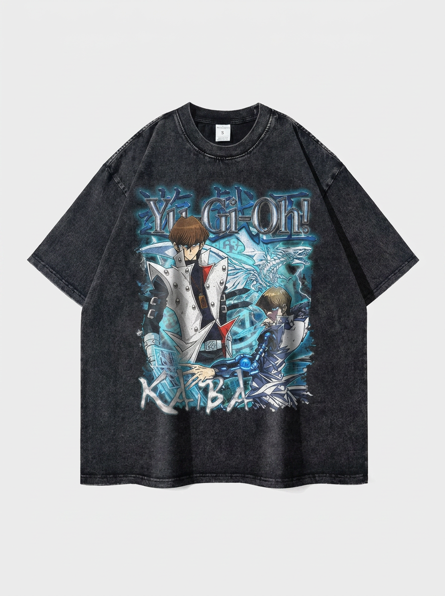 Change Of Heart Anime T-shirt Yugi Muto & Kaiba Tops flat lay — washed black oversized anime t-shirt | Tempus Arc premium anime streetwear