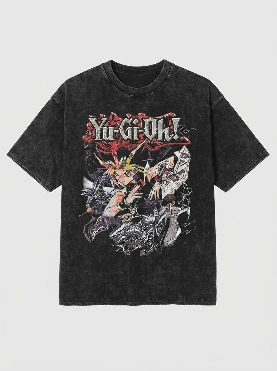 Change Of Heart Anime T-shirt Yugi Muto & Kaiba Tops flat lay — washed black oversized anime t-shirt | Tempus Arc premium anime streetwear