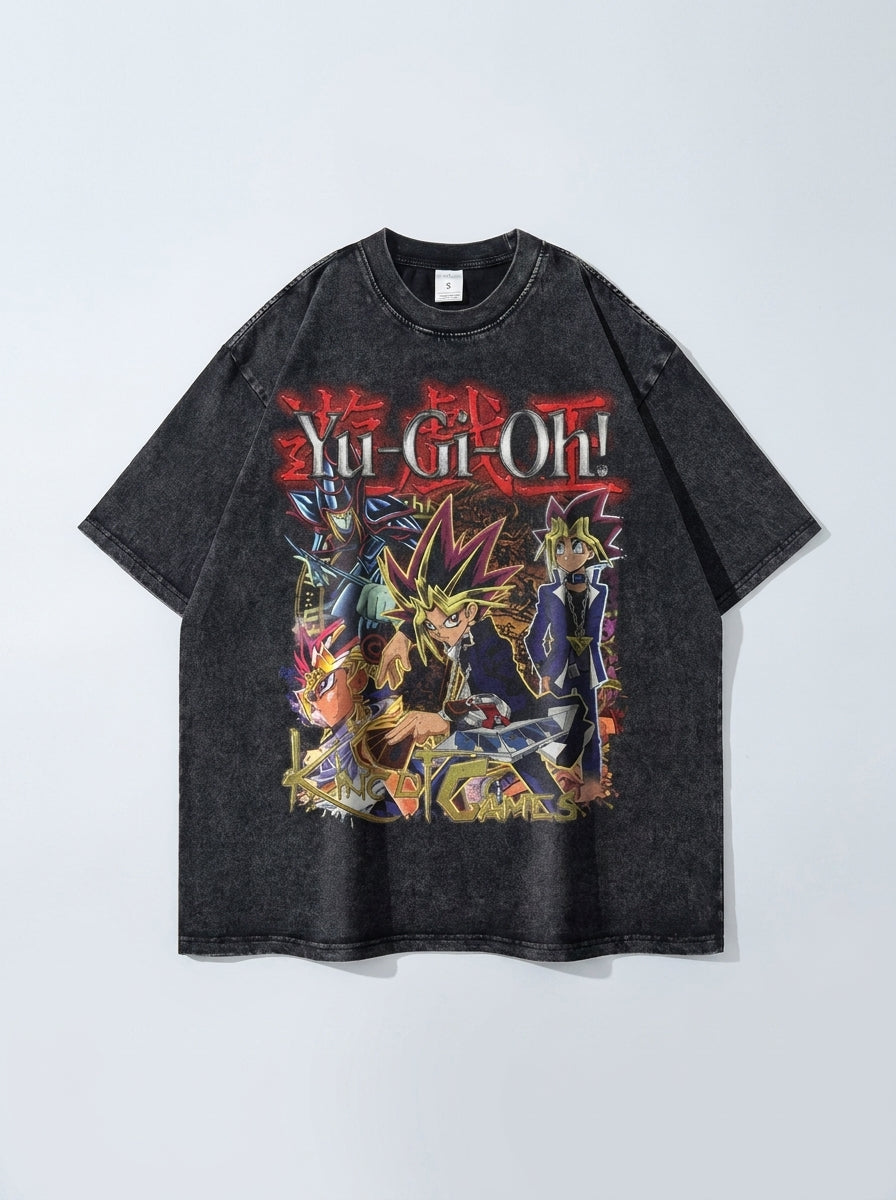 Change Of Heart Anime T-shirt Yugi Muto & Kaiba Tops flat lay — washed black oversized anime t-shirt | Tempus Arc premium anime streetwear