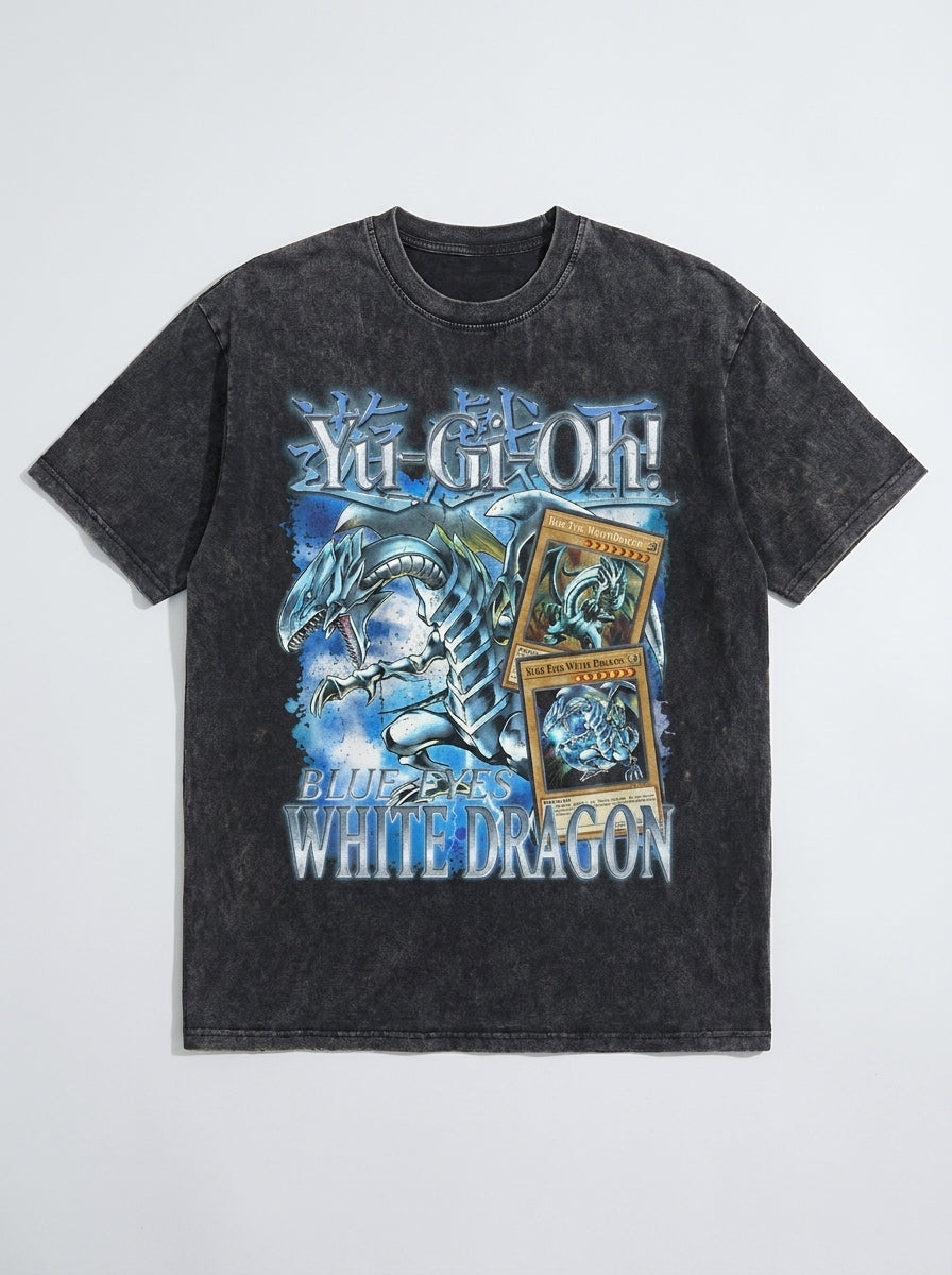 Change Of Heart Anime T-shirt Yugi Muto & Kaiba Tops flat lay — washed black oversized anime t-shirt | Tempus Arc premium anime streetwear