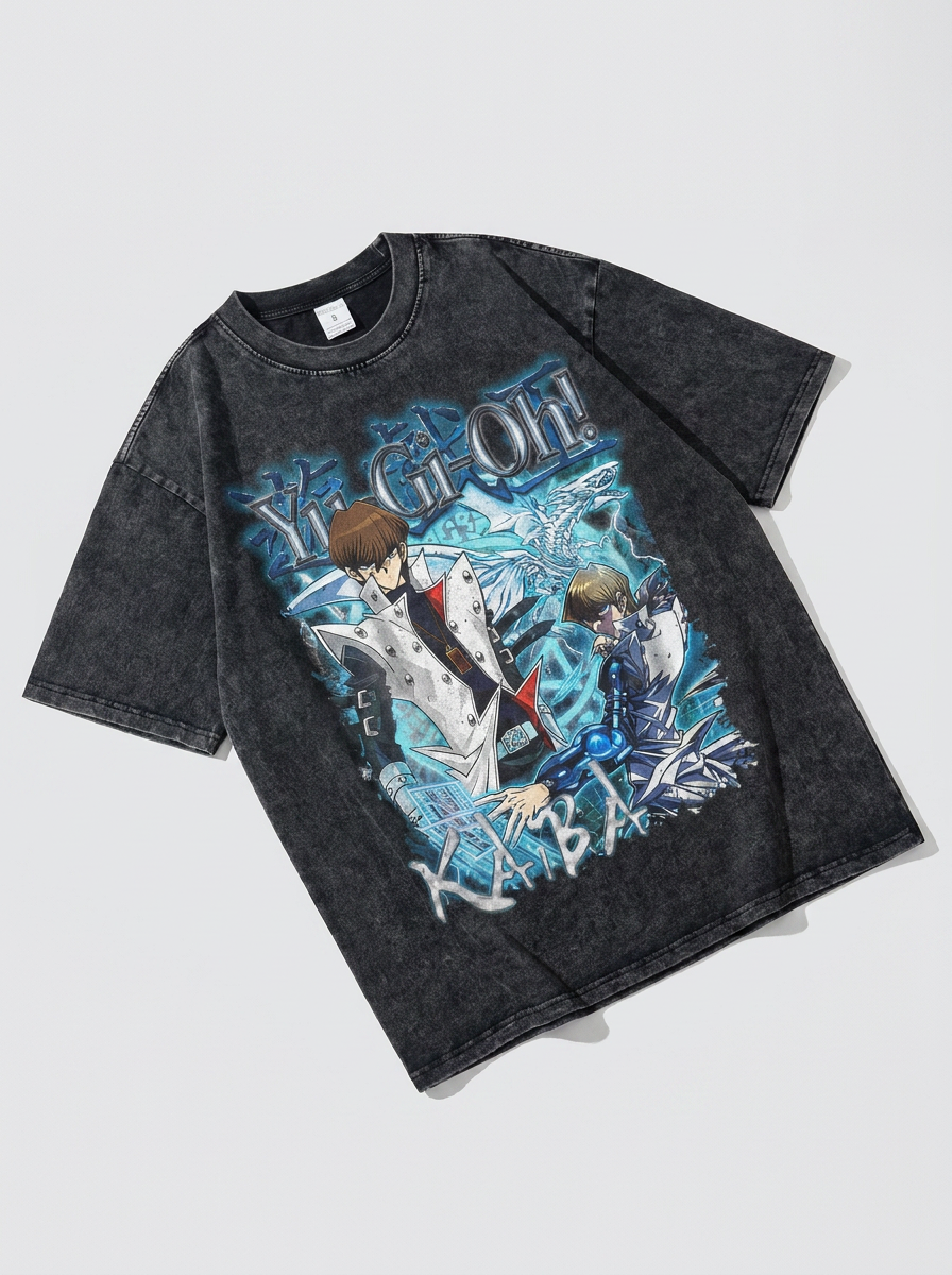 Change Of Heart Anime T-shirt Yugi Muto & Kaiba Tops angle perspective shot — vintage washed cotton t-shirt | Tempus Arc premium anime streetwear