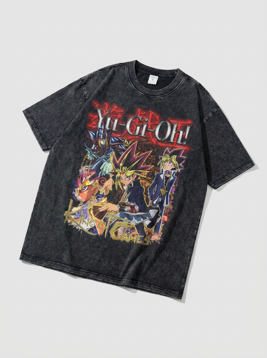 Change Of Heart Anime T-shirt Yugi Muto & Kaiba Tops angle perspective shot — vintage washed cotton t-shirt | Tempus Arc premium anime streetwear