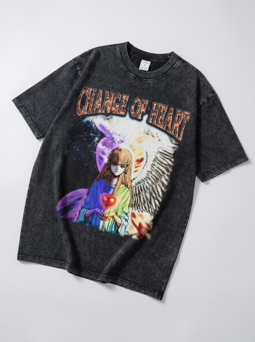 Change Of Heart Anime T-shirt Yugi Muto & Kaiba Tops angle perspective shot — vintage washed cotton t-shirt | Tempus Arc premium anime streetwear