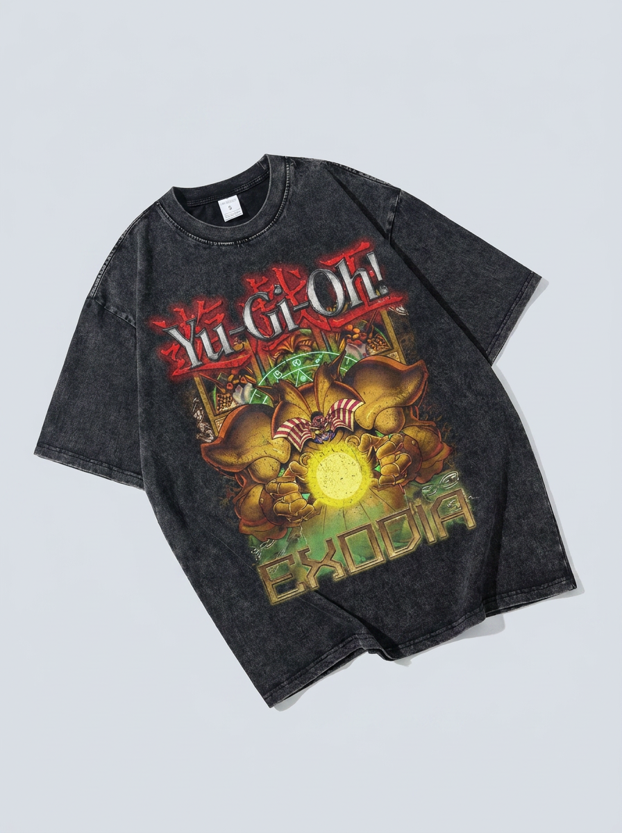 Change Of Heart Anime T-shirt Yugi Muto & Kaiba Tops angle perspective shot — vintage washed cotton t-shirt | Tempus Arc premium anime streetwear