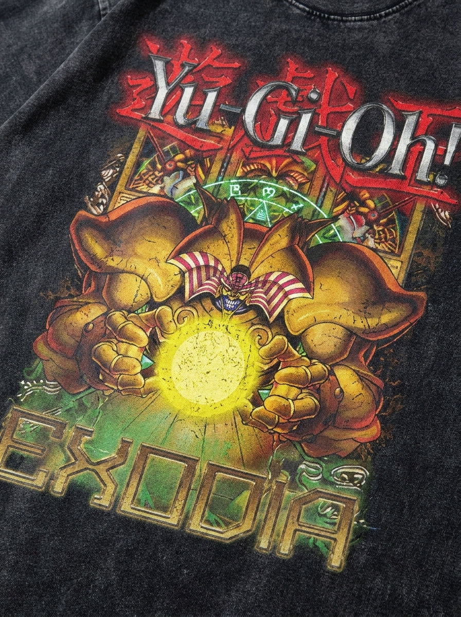 Change Of Heart Anime T-shirt Yugi Muto & Kaiba Tops print detail close-up — vintage washed mineral cotton | Tempus Arc premium anime streetwear