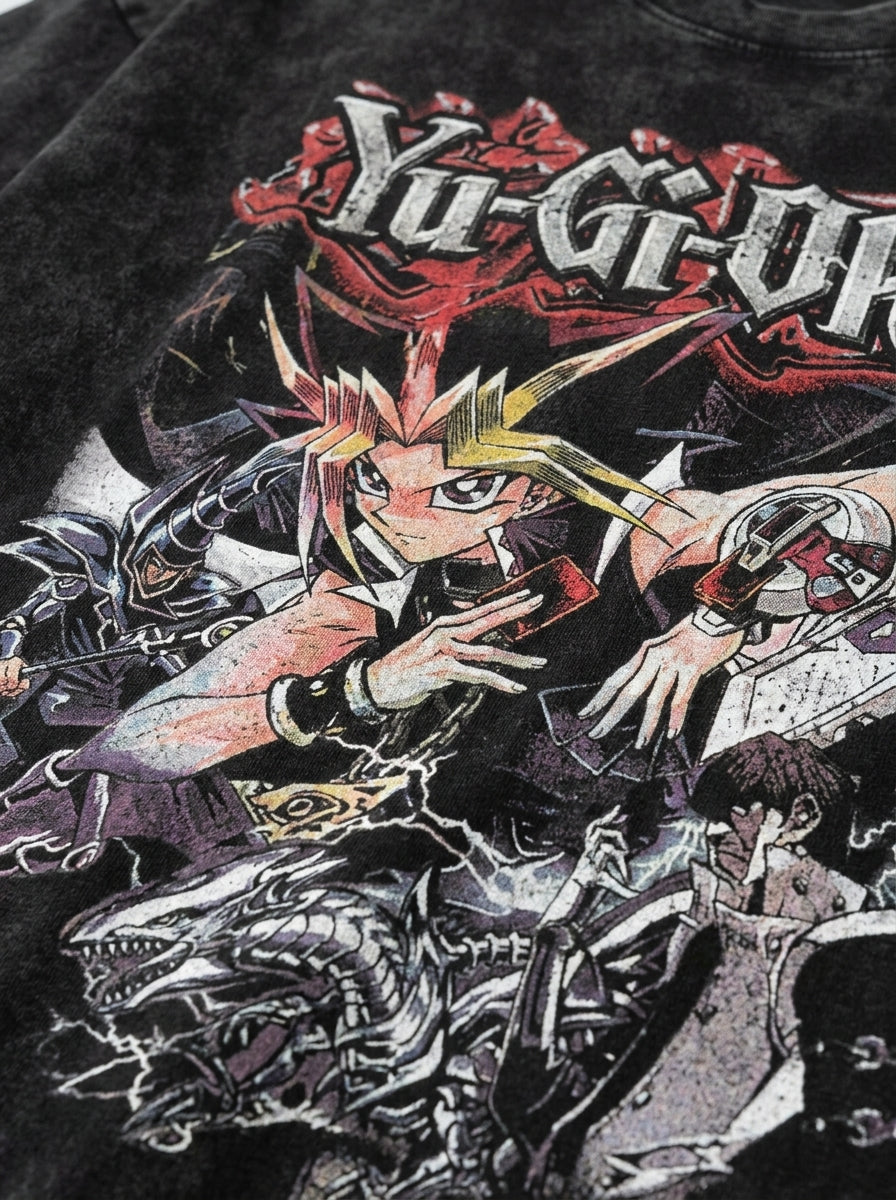 Change Of Heart Anime T-shirt Yugi Muto & Kaiba Tops print detail close-up — vintage washed mineral cotton | Tempus Arc premium anime streetwear