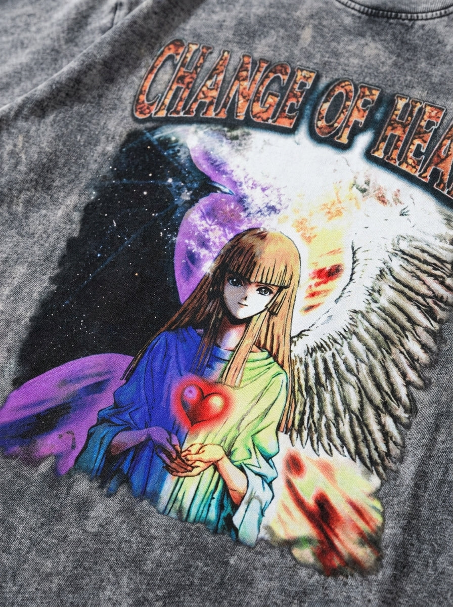 Change Of Heart Anime T-shirt Yugi Muto & Kaiba Tops print detail close-up — vintage washed mineral cotton | Tempus Arc premium anime streetwear