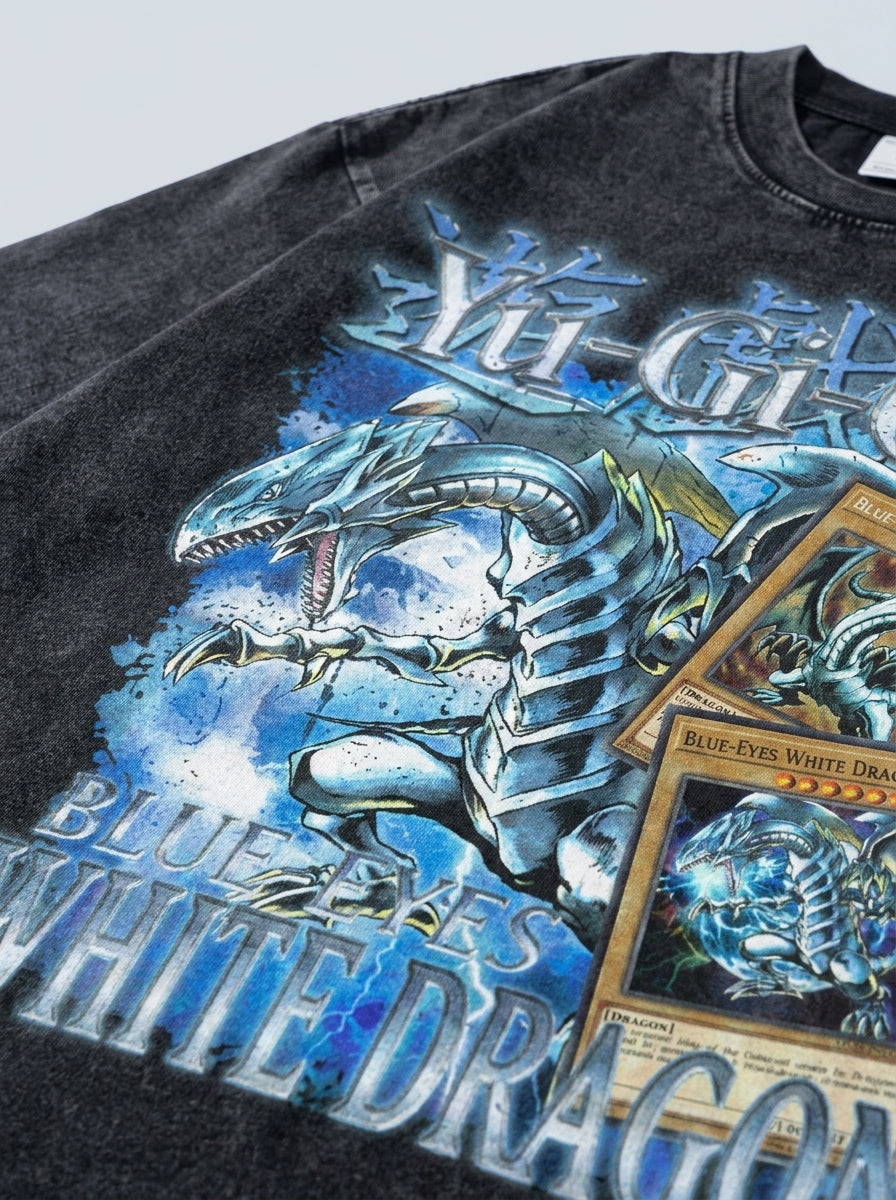 Change Of Heart Anime T-shirt Yugi Muto & Kaiba Tops print detail close-up — vintage washed mineral cotton | Tempus Arc premium anime streetwear