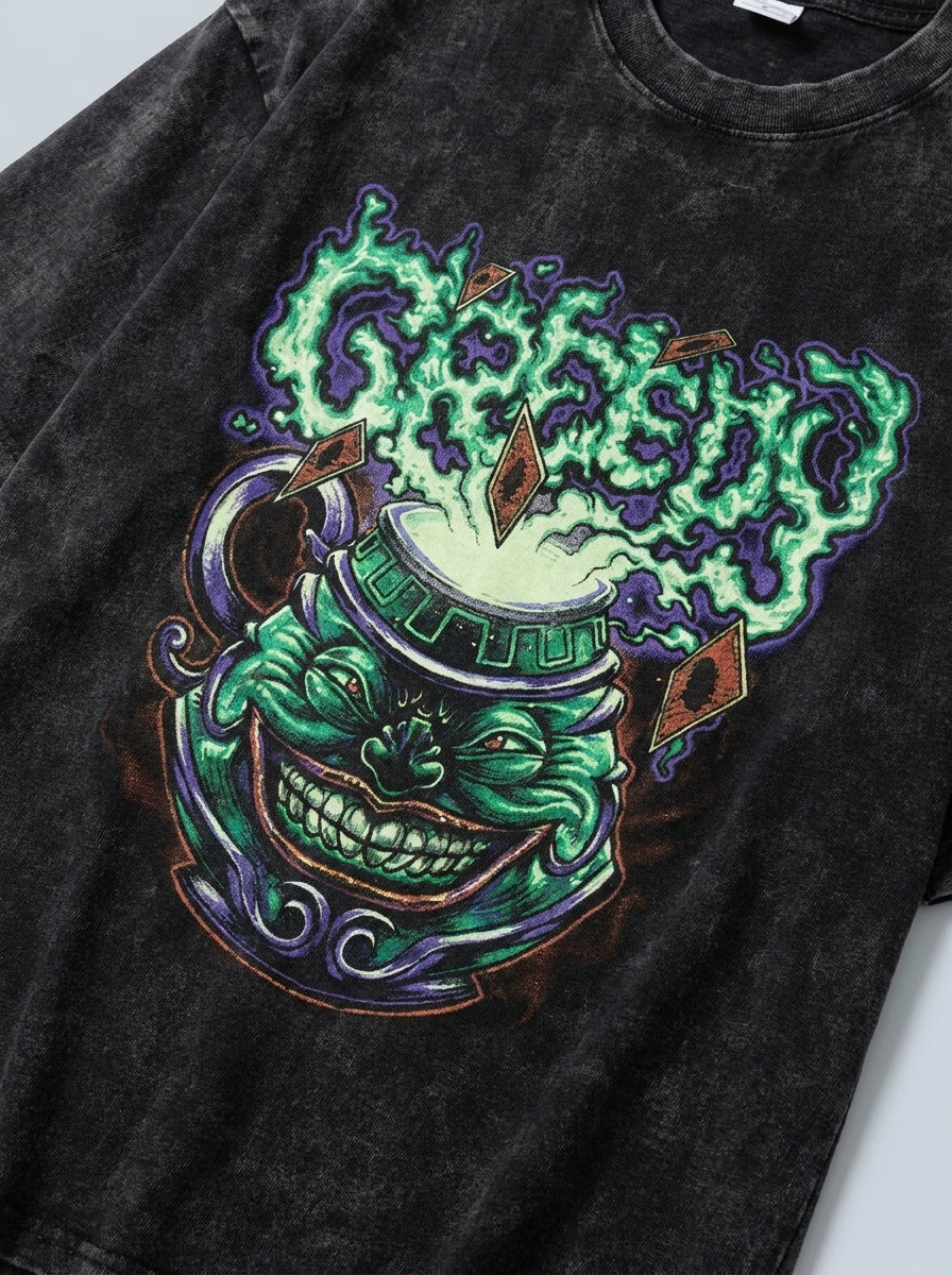 Change Of Heart Anime T-shirt Yugi Muto & Kaiba Tops print detail close-up — vintage washed mineral cotton | Tempus Arc premium anime streetwear