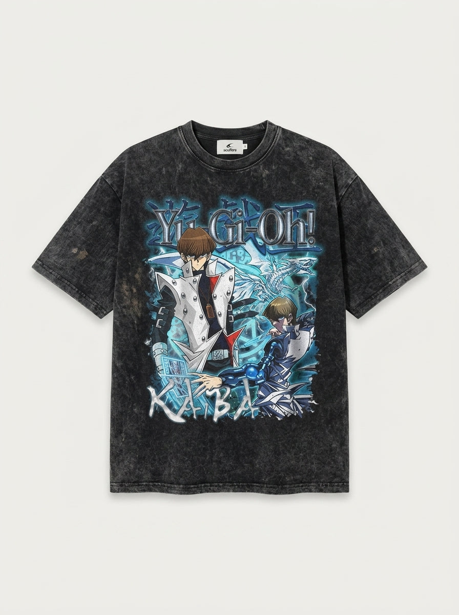 Change Of Heart Anime T-shirt Yugi Muto &amp; Kaiba Tops flat lay front view — washed black oversized t-shirt | Tempus Arc premium anime streetwear