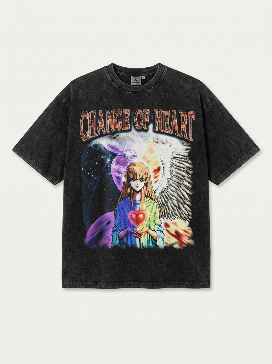 Change Of Heart Anime T-shirt Yugi Muto &amp; Kaiba Tops flat lay front view — washed black oversized t-shirt | Tempus Arc premium anime streetwear
