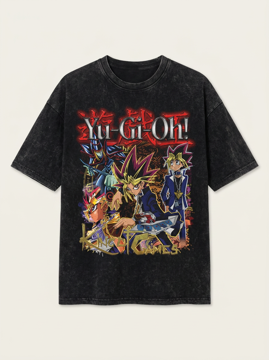 Change Of Heart Anime T-shirt Yugi Muto &amp; Kaiba Tops flat lay front view — washed black oversized t-shirt | Tempus Arc premium anime streetwear