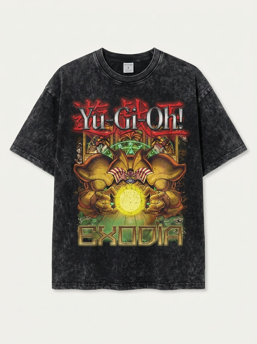 Change Of Heart Anime T-shirt Yugi Muto &amp; Kaiba Tops flat lay front view — washed black oversized t-shirt | Tempus Arc premium anime streetwear