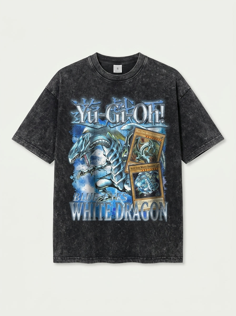 Change Of Heart Anime T-shirt Yugi Muto &amp; Kaiba Tops flat lay front view — washed black oversized t-shirt | Tempus Arc premium anime streetwear