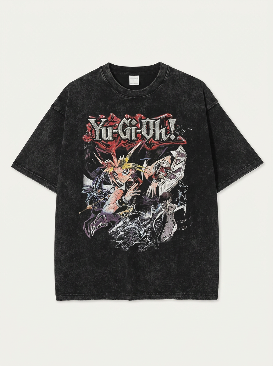 Change Of Heart Anime T-shirt Yugi Muto &amp; Kaiba Tops flat lay front view — washed black oversized t-shirt | Tempus Arc premium anime streetwear