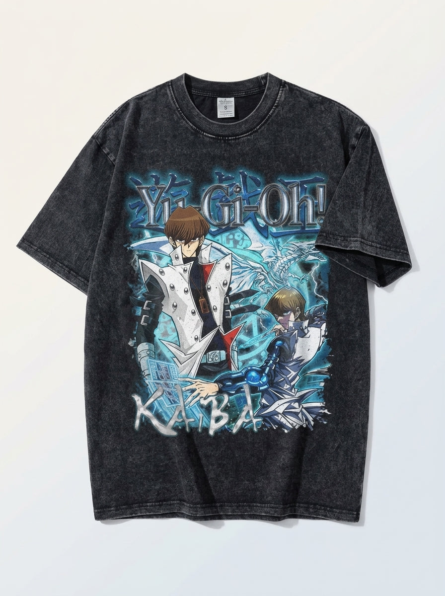 Change Of Heart Anime T-shirt Yugi Muto &amp; Kaiba Tops angle perspective shot — washed cotton t-shirt | Tempus Arc premium anime streetwear