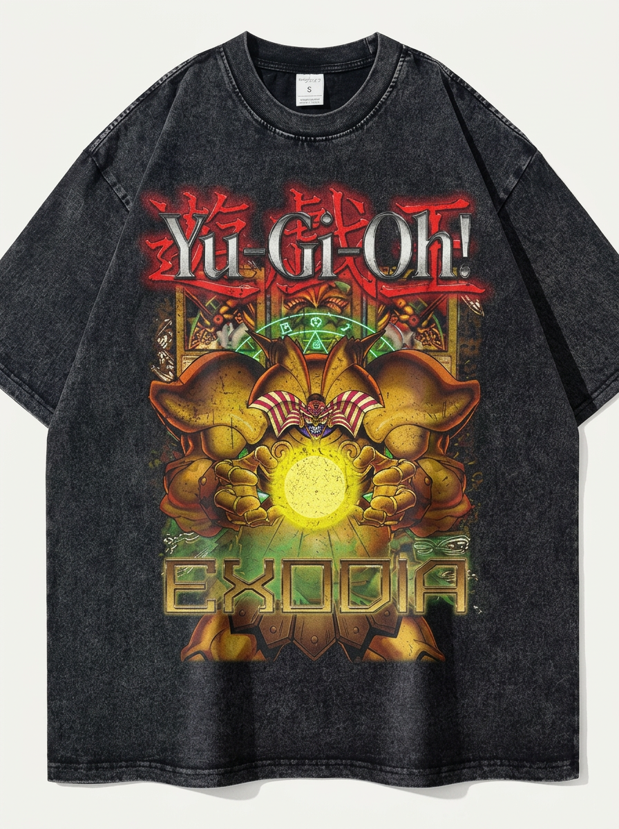 Change Of Heart Anime T-shirt Yugi Muto &amp; Kaiba Tops angle perspective shot — washed cotton t-shirt | Tempus Arc premium anime streetwear