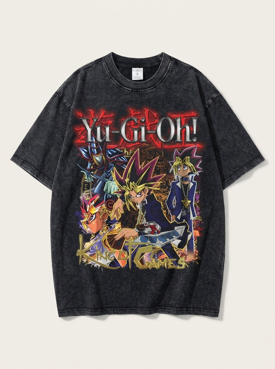 Change Of Heart Anime T-shirt Yugi Muto &amp; Kaiba Tops angle perspective shot — washed cotton t-shirt | Tempus Arc premium anime streetwear
