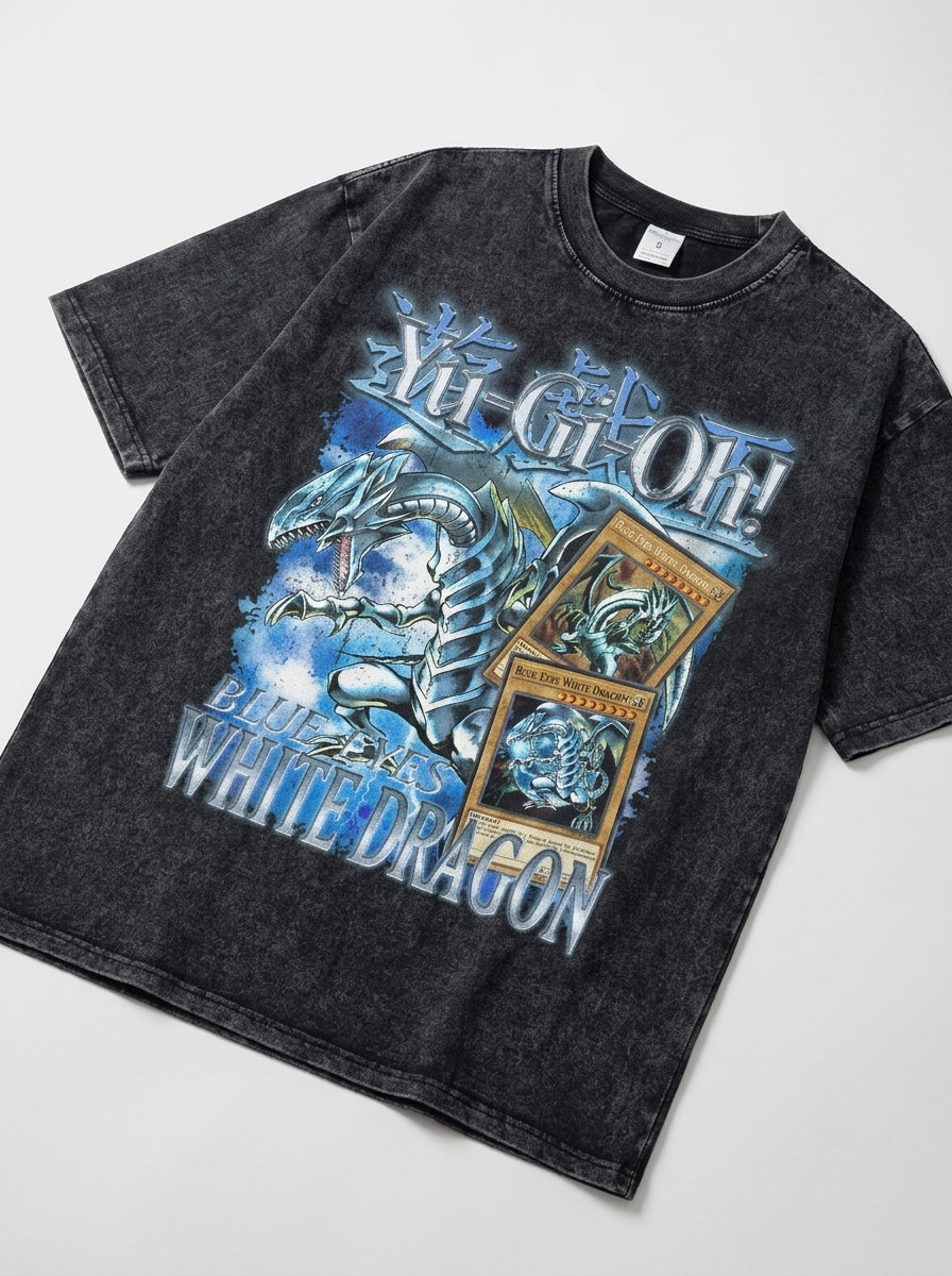 Change Of Heart Anime T-shirt Yugi Muto &amp; Kaiba Tops angle perspective shot — washed cotton t-shirt | Tempus Arc premium anime streetwear