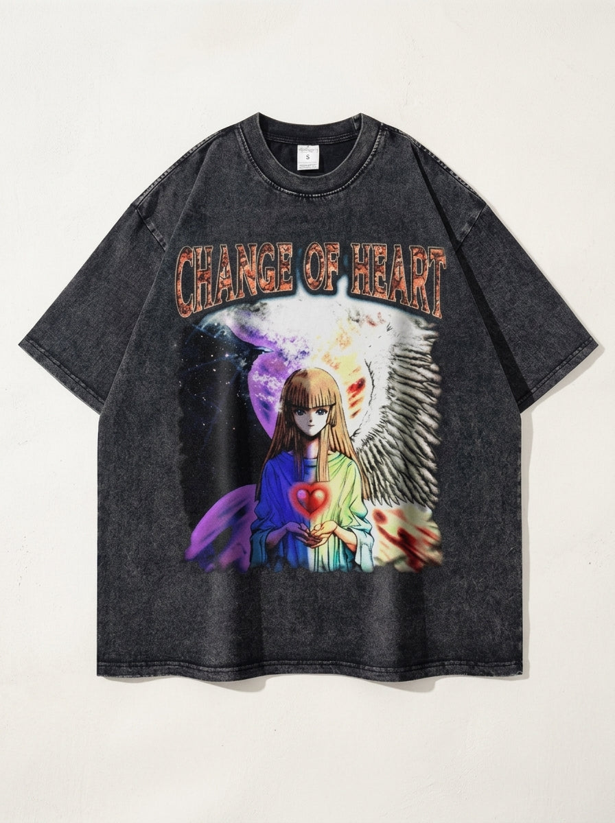 Change Of Heart Anime T-shirt Yugi Muto &amp; Kaiba Tops angle perspective shot — washed cotton t-shirt | Tempus Arc premium anime streetwear