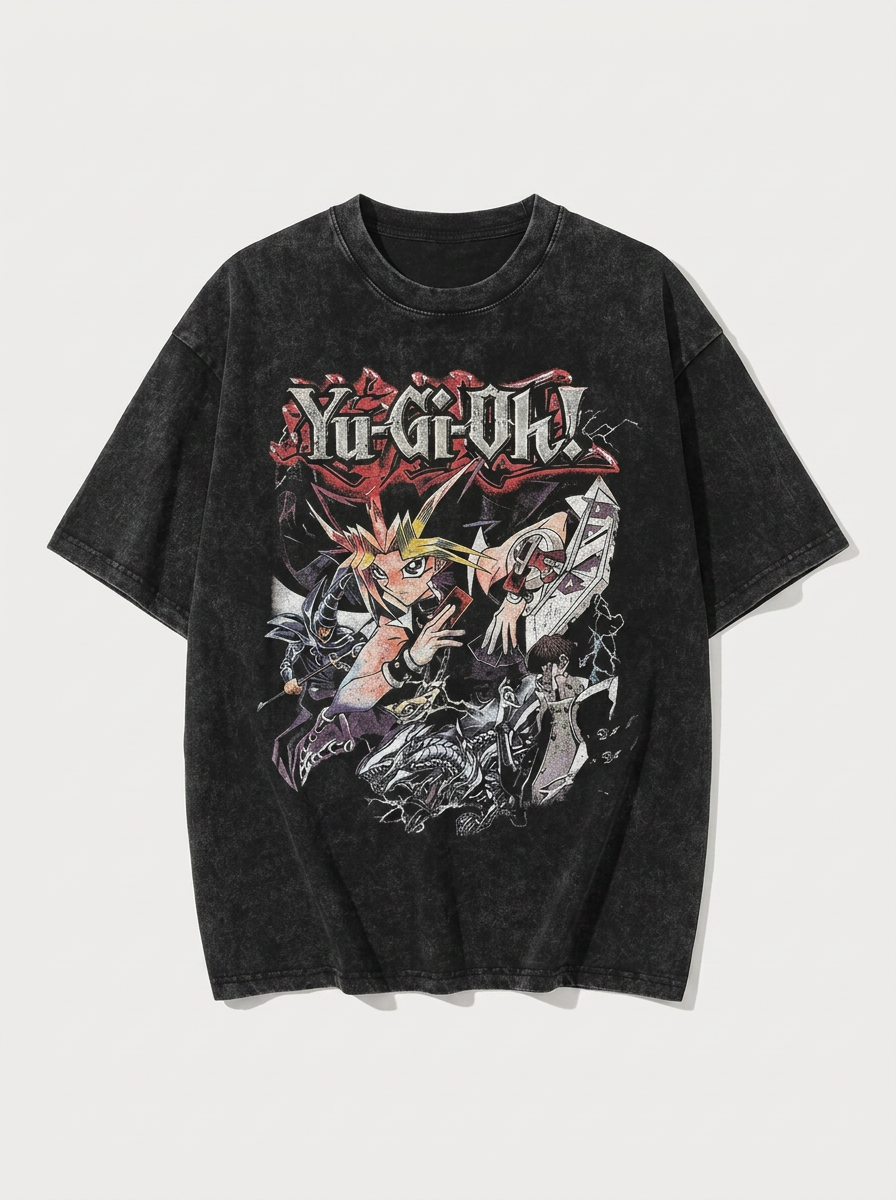 Change Of Heart Anime T-shirt Yugi Muto &amp; Kaiba Tops angle perspective shot — washed cotton t-shirt | Tempus Arc premium anime streetwear