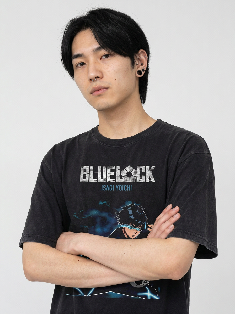 Dragon Ball Goku & JoJo's Bizarre Adventure T-Shirt Collection on model arms crossed — washed black t-shirt | Tempus Arc premium anime streetwear
