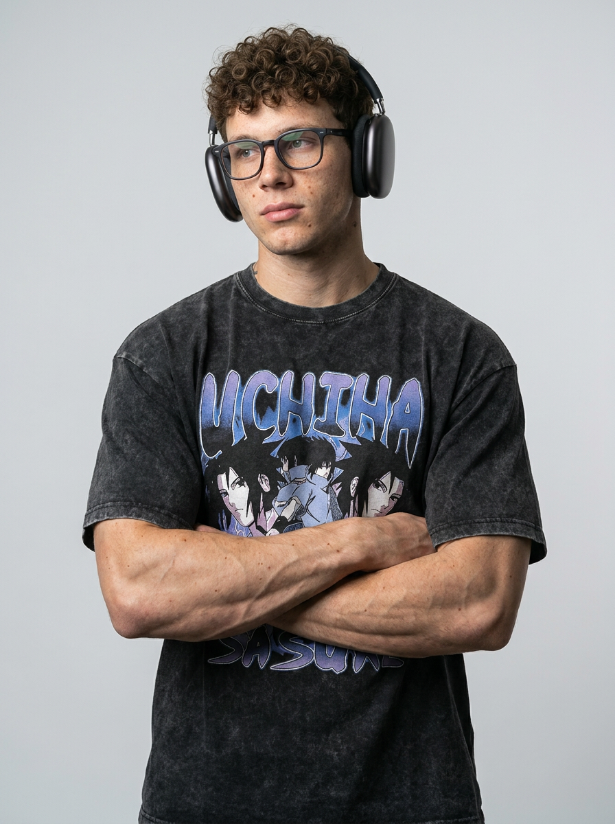 Dragon Ball Goku & JoJo's Bizarre Adventure T-Shirt Collection on model arms crossed — washed black t-shirt | Tempus Arc premium anime streetwear