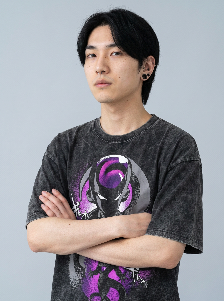Dragon Ball Goku & JoJo's Bizarre Adventure T-Shirt Collection on model arms crossed — washed black t-shirt | Tempus Arc premium anime streetwear