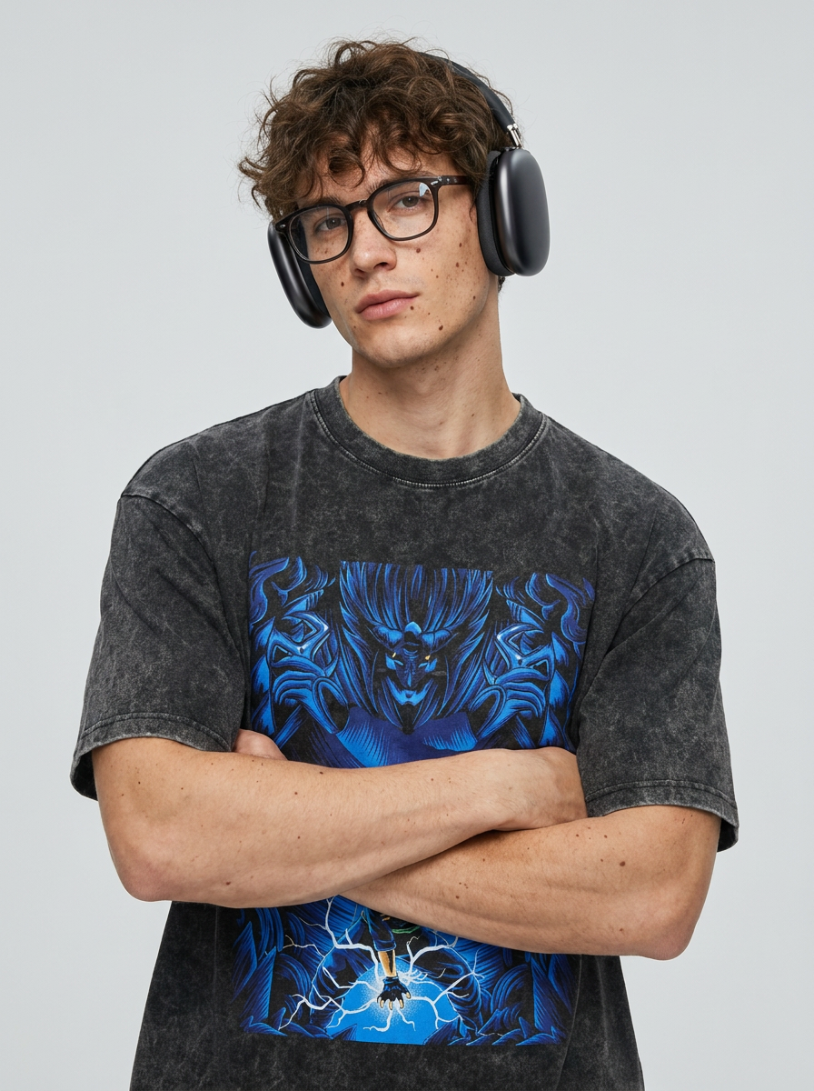 Dragon Ball Goku & JoJo's Bizarre Adventure T-Shirt Collection on model arms crossed — washed black t-shirt | Tempus Arc premium anime streetwear