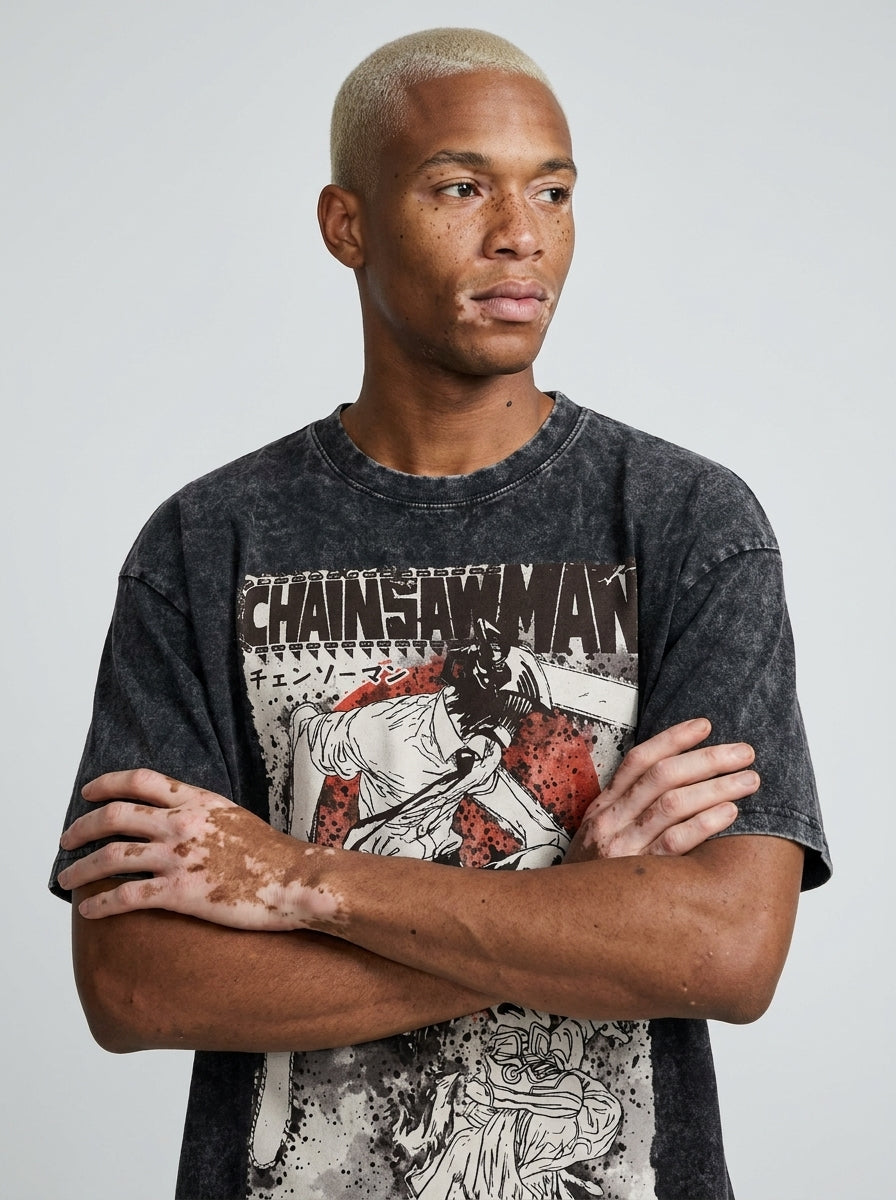 Dragon Ball Goku & JoJo's Bizarre Adventure T-Shirt Collection on model arms crossed — washed black t-shirt | Tempus Arc premium anime streetwear