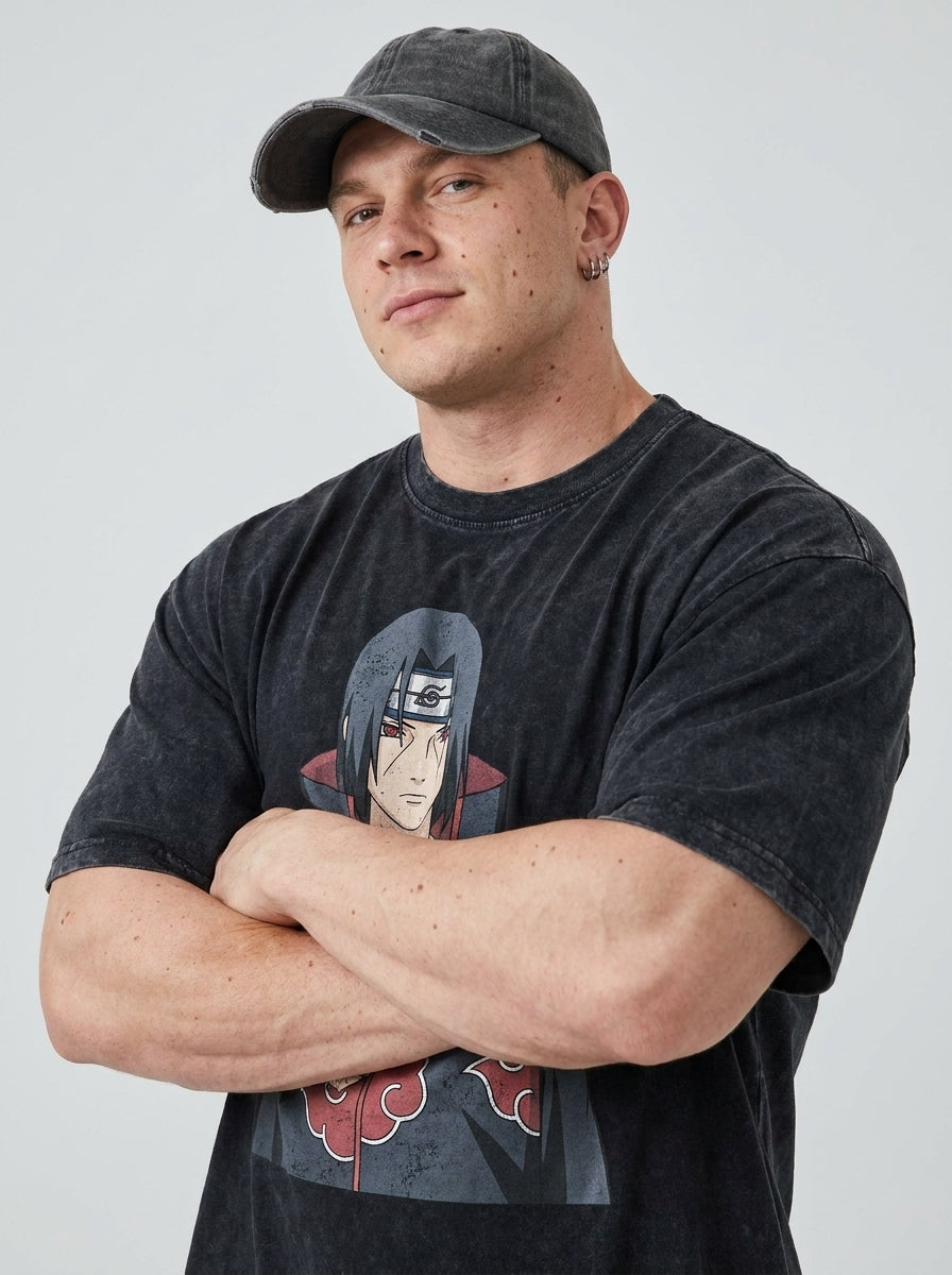 Dragon Ball Goku & JoJo's Bizarre Adventure T-Shirt Collection on model arms crossed — washed black t-shirt | Tempus Arc premium anime streetwear