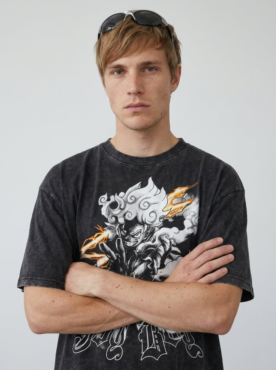 Dragon Ball Goku & JoJo's Bizarre Adventure T-Shirt Collection on model arms crossed — washed black t-shirt | Tempus Arc premium anime streetwear