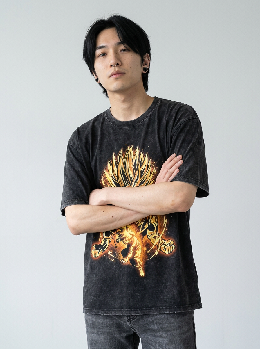Dragon Ball Goku & JoJo's Bizarre Adventure T-Shirt Collection on model arms crossed — washed black t-shirt | Tempus Arc premium anime streetwear