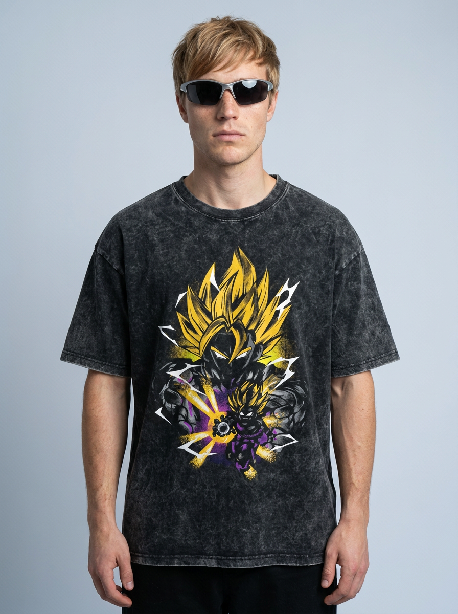 Dragon Ball Goku & JoJo's Bizarre Adventure T-Shirt Collection model frontal central — washed black t-shirt | Tempus Arc premium anime streetwear