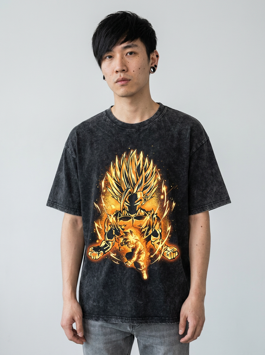 Dragon Ball Goku & JoJo's Bizarre Adventure T-Shirt Collection model frontal central — washed black t-shirt | Tempus Arc premium anime streetwear